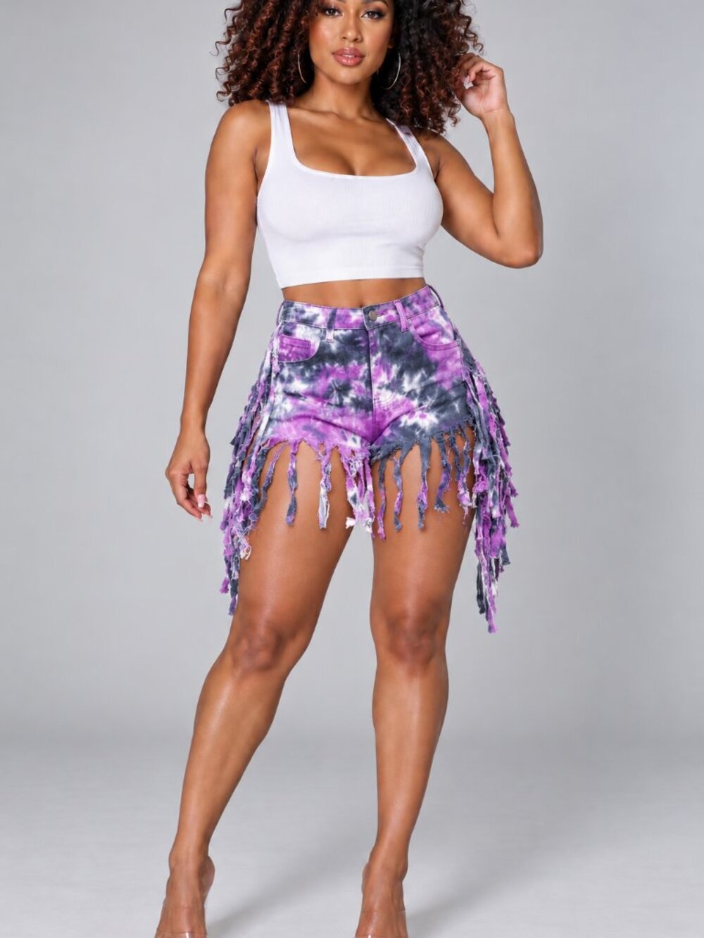 NWT Hot & Delicious Purple Tie Dye Shredded Fringe Denim Shorts